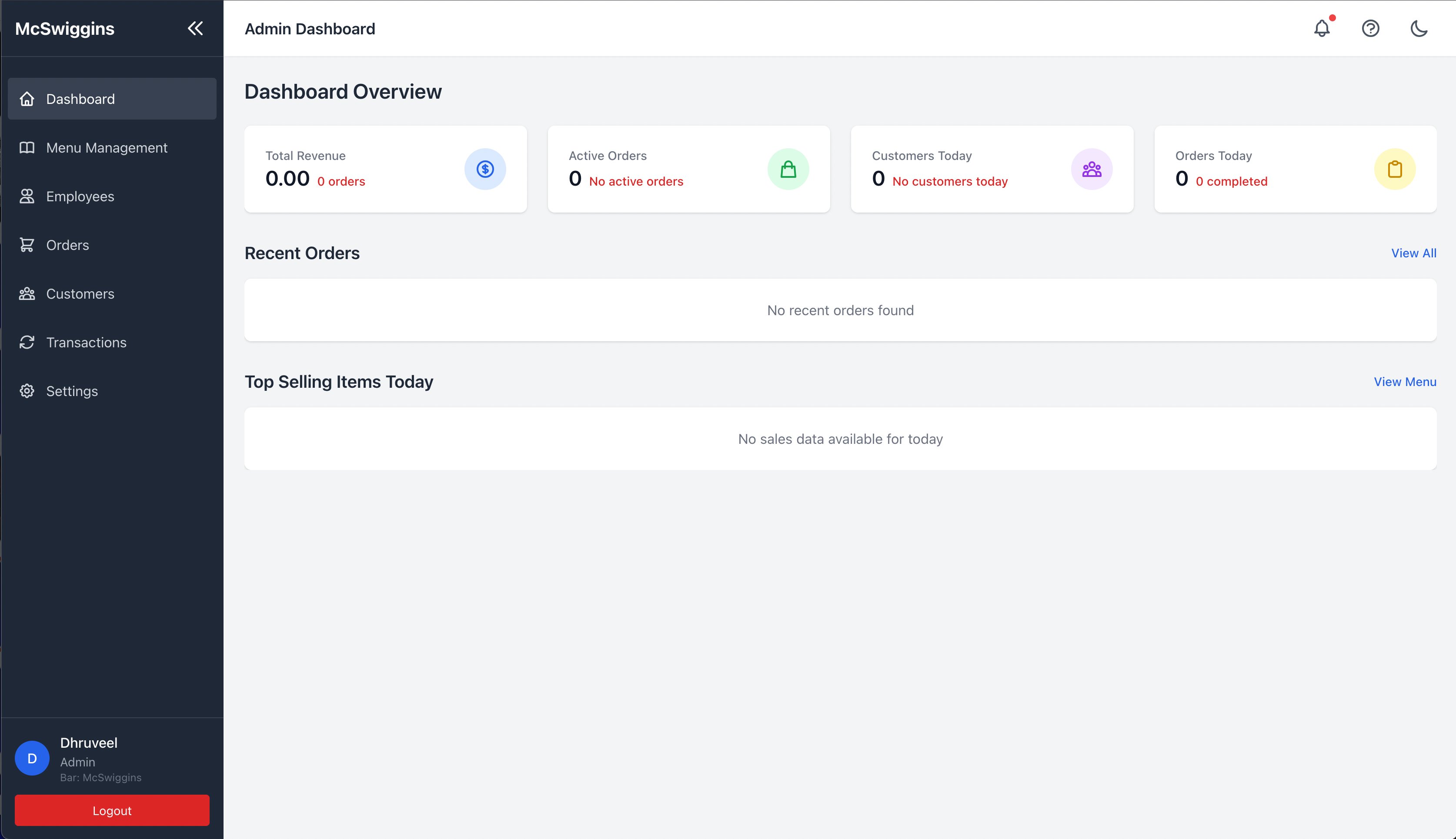 Owner Admin Dashboard — real-time revenue, orders, and customer metrics