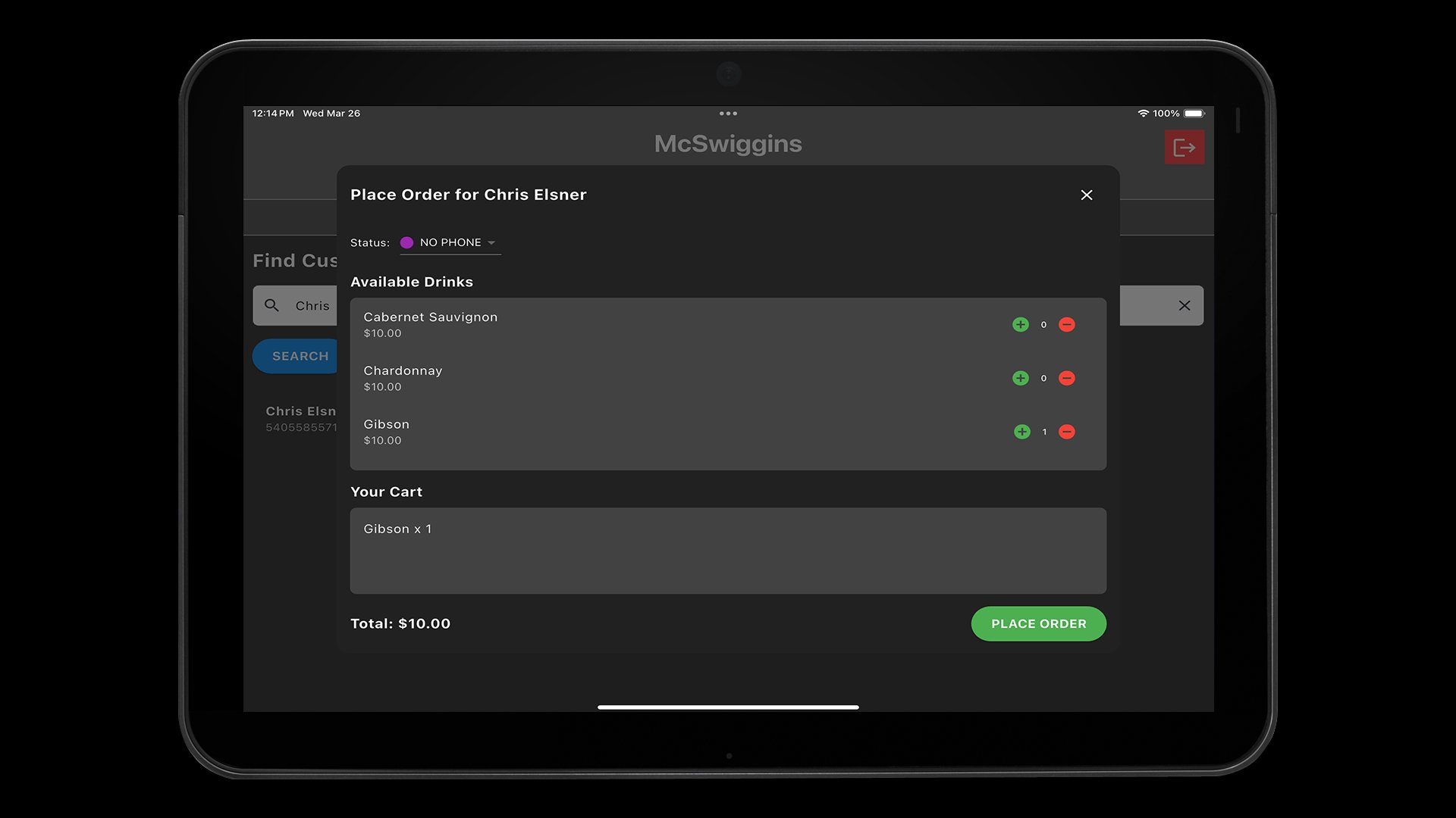 Order Placement Interface — bartender placing order for a named customer