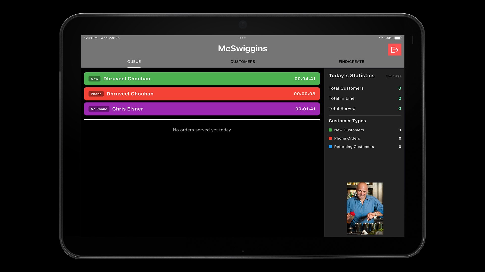 Bartender Queue Interface — live order queue with customer names and wait timers